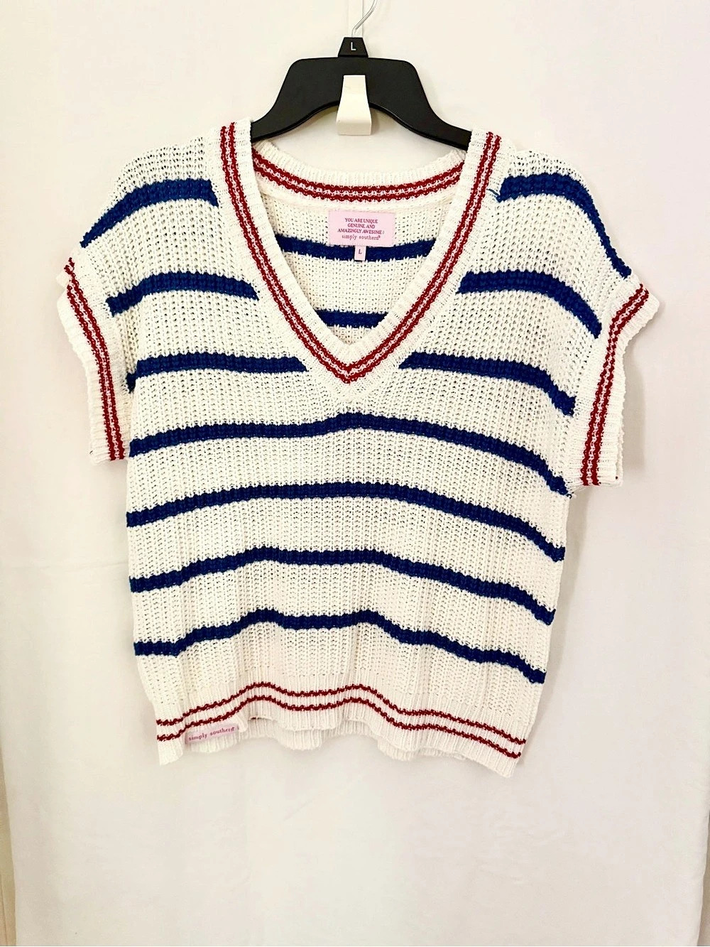 Simply Southern Red White Blue Short Sleeve V-Neck Chunky Knit Sweater Vest
